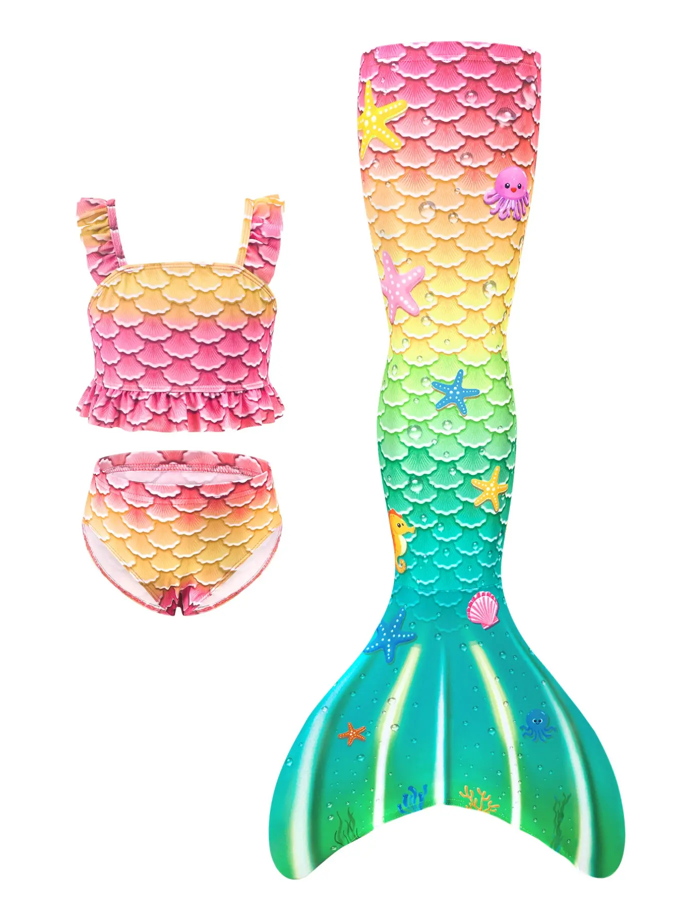 Girls Mermaid Bikini Swimsuit Set, Cute Shell Print Children Vacation Swimwear, Princess Performance Swimming Outfit, 3PCS Ruffle Top Bikini Bottoms Bathing Suit, Swimwear Sets, Toddler Swimsuit, Ruffle swimsuits