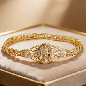 14K Gold Plated Our Lady of Guadalupe Bracelet for Women Crystal Embellished Religious Catholic Jewelry Vintage Filigree Chain Perfect for Prayer Daily Wear & Religious Gift