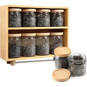 2-Layer Bamboo Tea Organizer Rack With 8 Vintage Jar, 17 & 23.7 Oz Tea Tins with Airtight Lids for Loose Leaf Tea, Containers for Coffee Candy Spices Nut Cereals