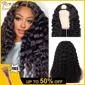 Deep Wave U Part Human Hair Wig For Women 12A Grade Brazilian Virgin Curly 180% Density Glueless Full Head Clip In U Shape Wig Natural Color