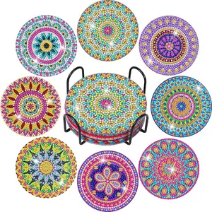 Diamond Painting Coasters Kit, 8 Pieces Mandala Diamond Art Coasters with Holder, DIY Diamond Mandala Coasters for Beginners