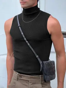 INCERUN Men's Knitted Fashion Simple Solid Color Half High Neck Vest, Sleeveless Gym Tops, Summer Daily Sportswear, Casual Wear for Men