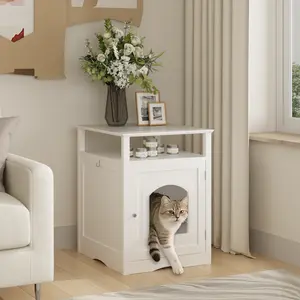 Hidden Cat Litter Box Enclosure Furniture with Storage Shelf, White