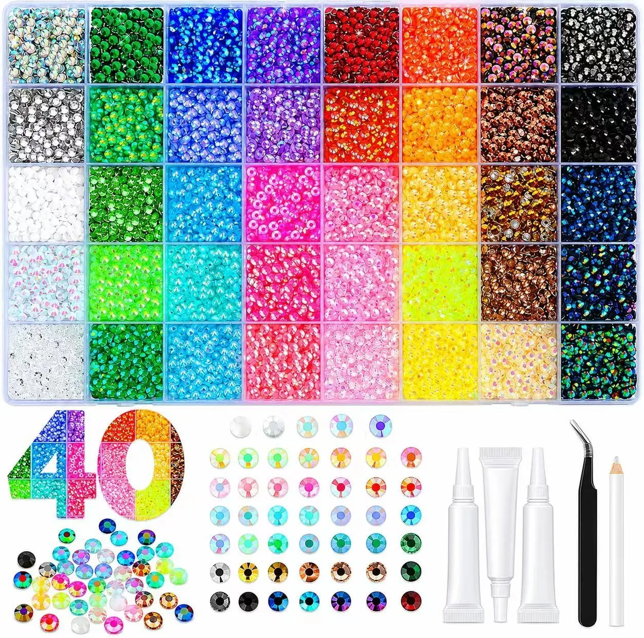 40-Color 3mm Mixed Resin Rhinestones Manicure Nail Art Kit - 40,000 Cosmetic-Grade Beads, Organizer Case, Flatback Gems, Bling Supplies for Tumblers & Nails Home Use,familyfun