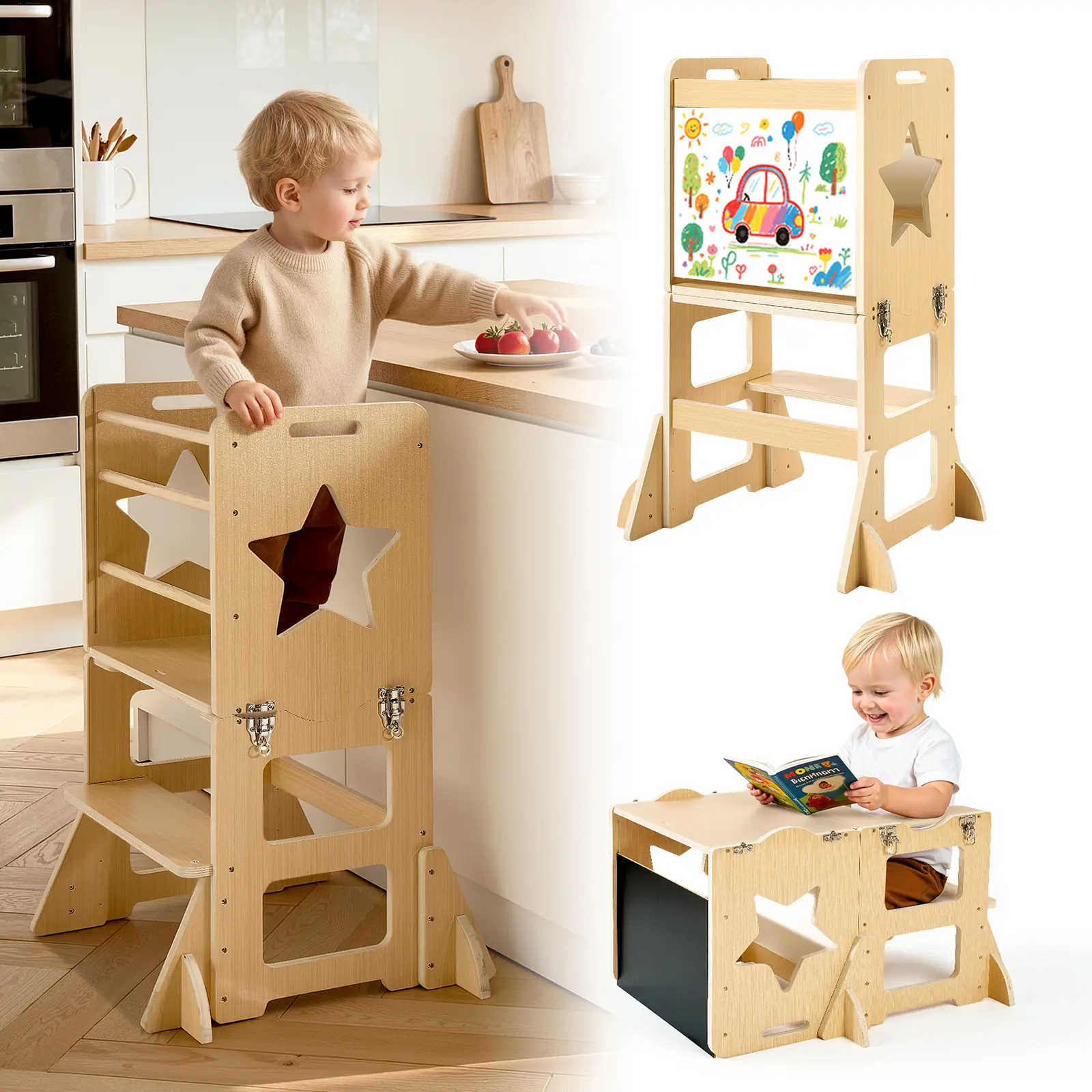【SummerFinds】VEVOR 4-in-1 Wooden Montessori Toddler Tower Furniture, Sturdy Stable Kitchen Step Stool for 1-5 Yrs Kids, 132 lbs Table & Chair Set with Chalkboard, 88 lbs Capacity, Easy to Clean for Kitchen/Bathroom