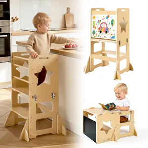 【DealsForYouDays】VEVOR Wooden 4-in-1 Toddler Tower, Sturdy Stable Montessori Kitchen Step Stool for 1-5 Yrs Kids, Creative 132 lbs Table & Chair Set with Chalkboard, 88 lbs Capacity, Easy to Clean for Kitchen/Bathroom Counter