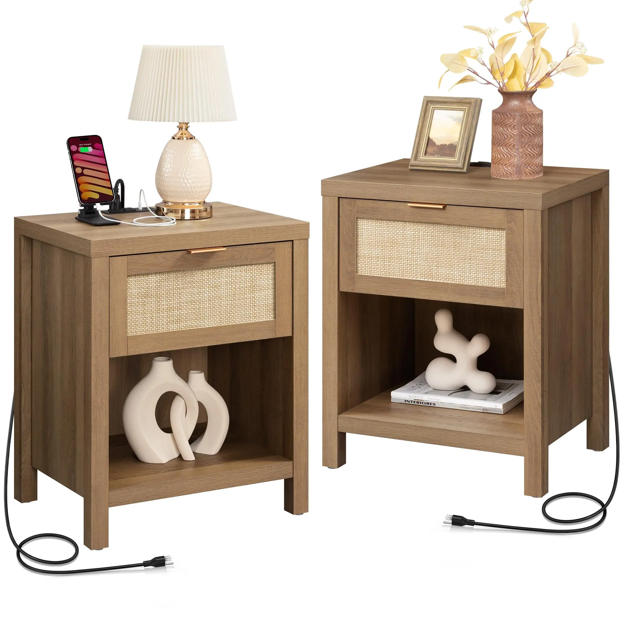 SICOTAS Nightstands Set of 2 with Charging Station Rattan Night Stand with Drawer Boho Bedside Table with USB and Type-C Ports Bed Side Tables for Bedroom Small Space