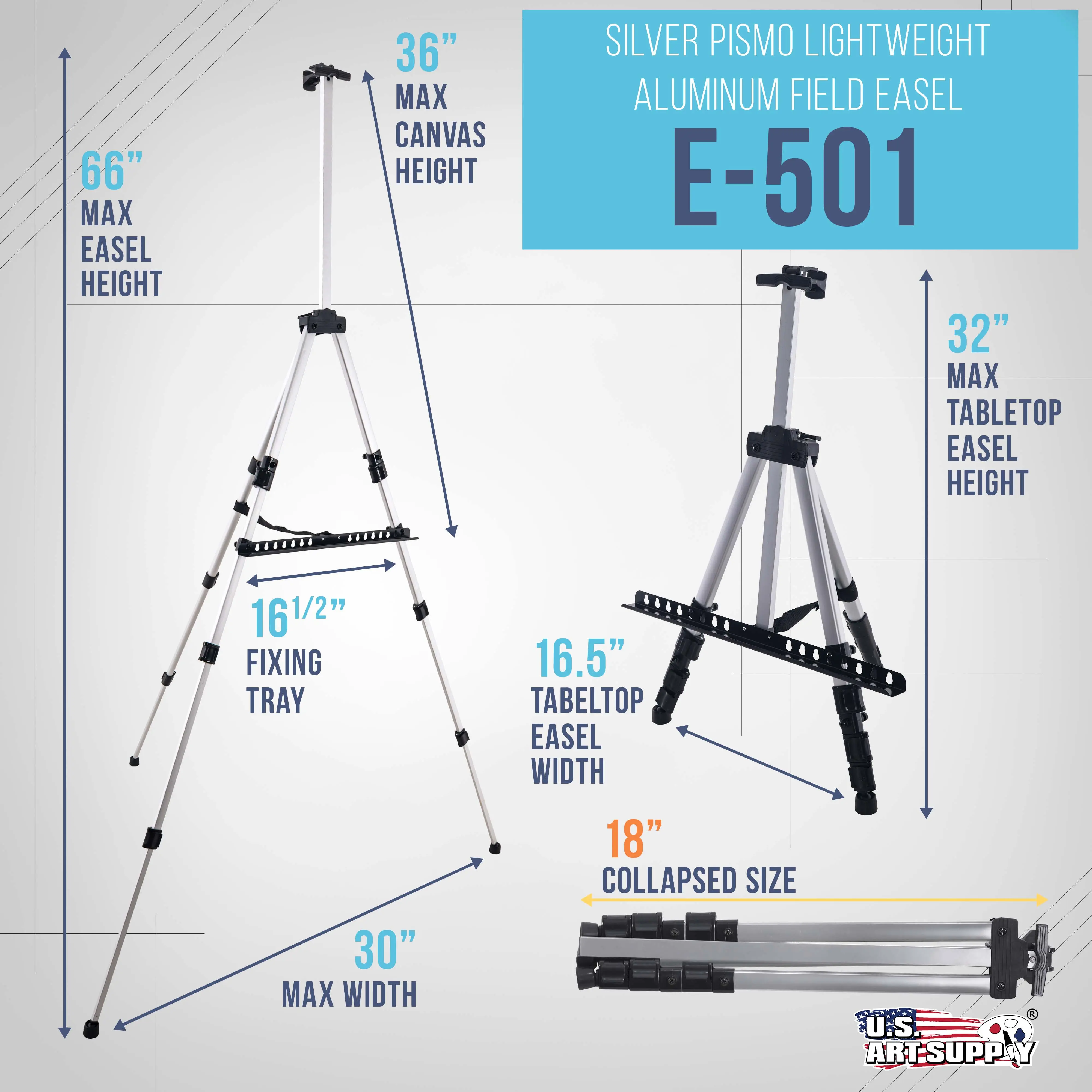 U.S. Art Supply 66" Silver Metal Tripod Easel Display - Adjustable 18"- 5.5', Holds 36" Canvas - Floor/Tabletop Easel Stand, For Sign Display, Painting, Poster Board, Canvas - Portable Bag
