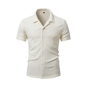 RTTO Menswear Short-Sleeve Fitted Summer Polyester Jacquard Shirt - Breathable, Wrinkle-Resistant, Strong Textured Men's Top, Chic Casual-Elegant Style, Suitable for Business, Vacations, Shortsleeve
