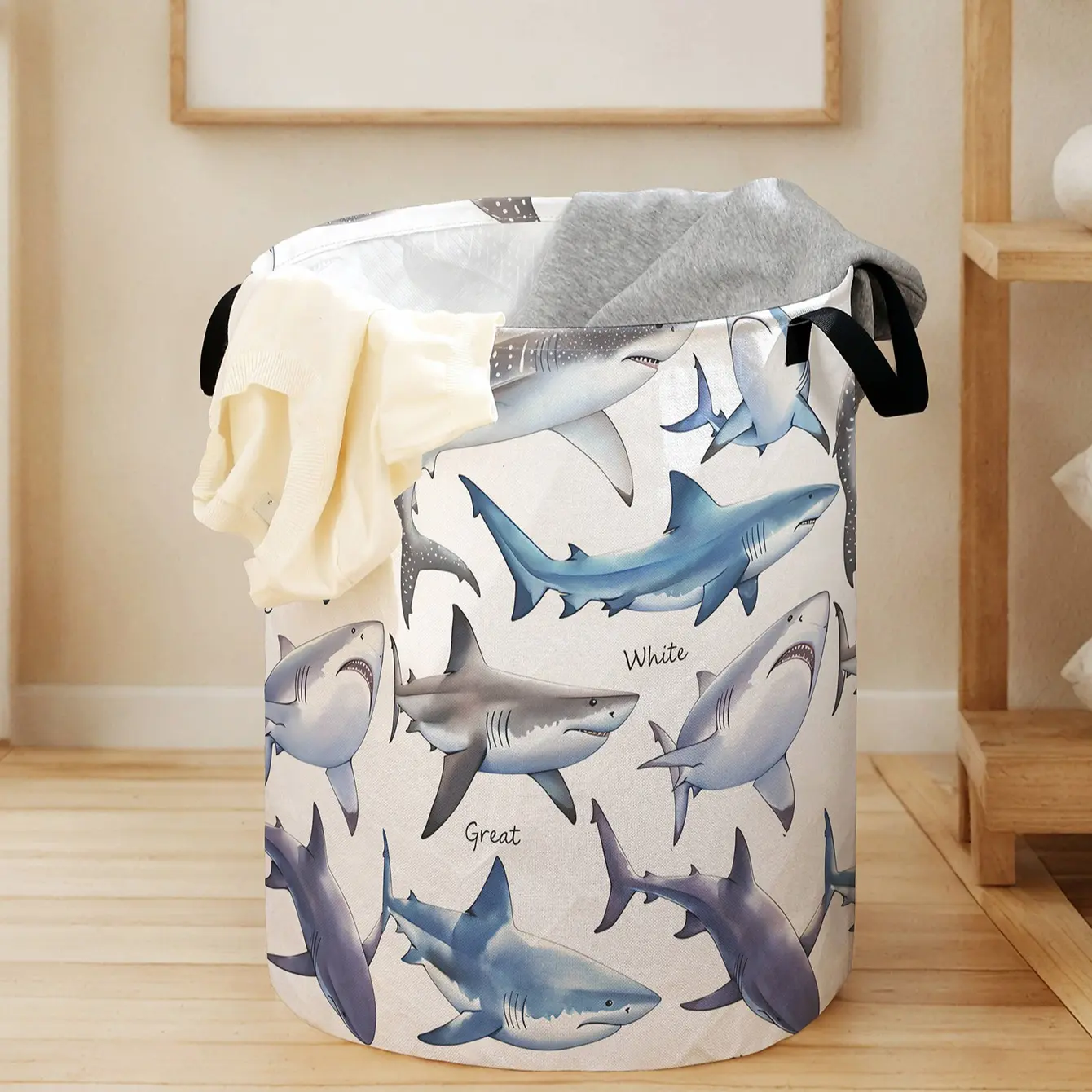 Shark Print Laundry Basket with Handles, Durable Foldable Large Capacity Storage Bin for Clothes and Toys, Reusable Household Organizer