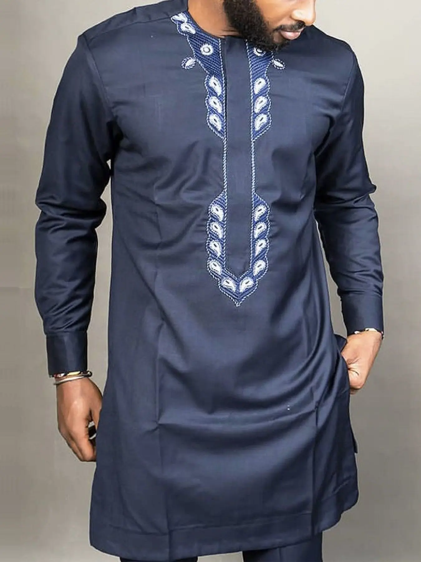 Traditional Muslim African Style Modest Men's Wedding Kurta Suit Set, Round Neck Long Sleeve Top and Pants, 2 Piece Set, Formal Wear, Clothing