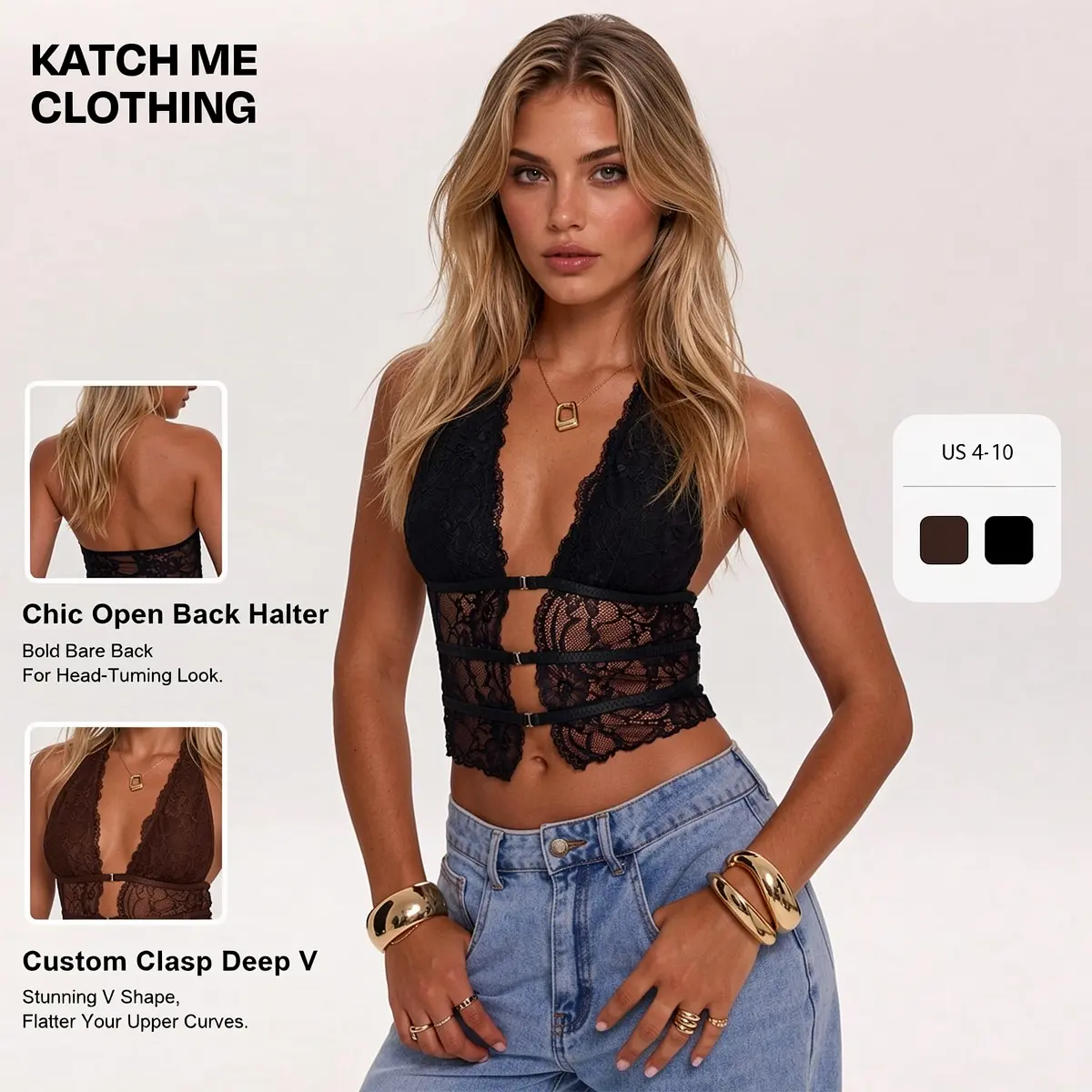 KATCH ME Women's Chic Floral Lace Halter Top, Plunging Deep V-Neck Backless Cropped Camisole with Front Buckle for Summer, Chic Tops, Sleeveless, Short, Going Out Tops, Classy Tops Going Out