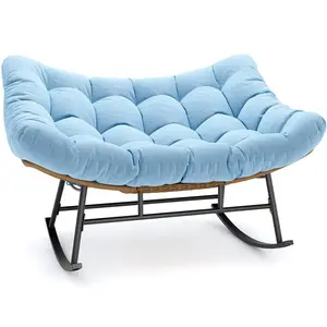 Sikaic Double Outdoor Rattan Rocking Chair with Thick Cushion Sky Blue Modern Indoor Wicker Oversized Patio Papasan Rocker Chair, PE Rattan Padded Outdoor Rocker Egg Chairs for Bedroom, Living Room, Balcony, Porch, Backyard, Garden, Lawn