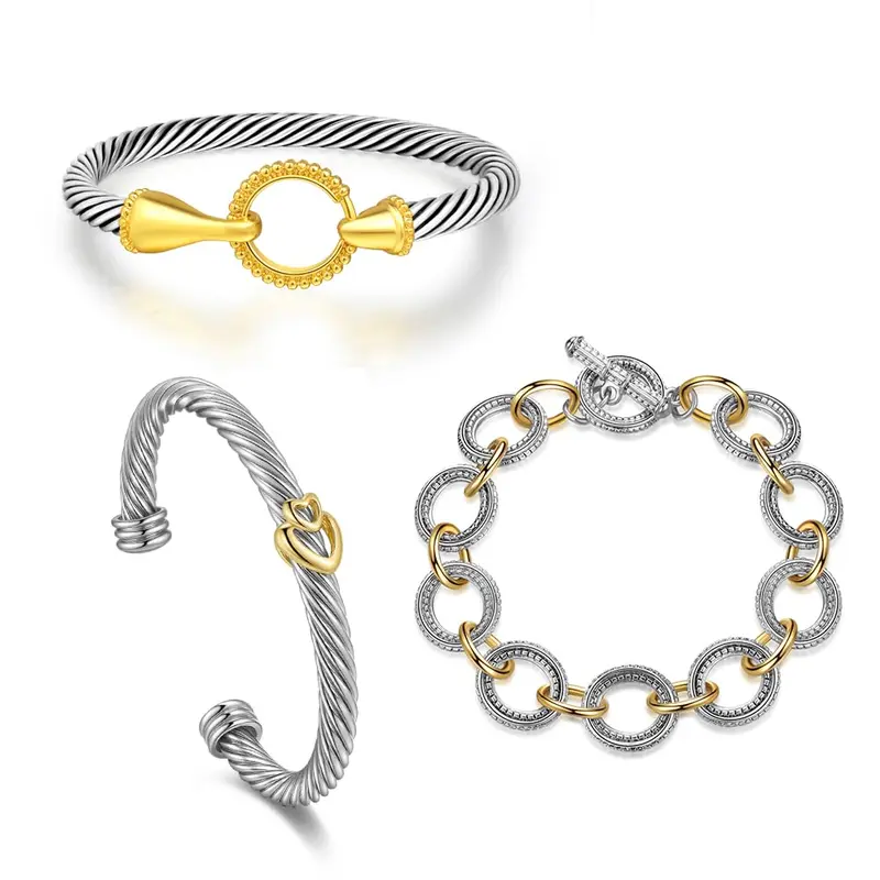 Aprilery 3Pcs Twisted Cable Bracelet Set – Adjustable Stackable Cuff & Chain Link Bangles for Women, Gold-Tone Accent, Fits 5.1"–7.5" Wrists