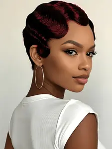 Short Pixie Cut Human Hair Wigs  Human Hair Wig for Women Color Black Ocean Finger Wave Wig
