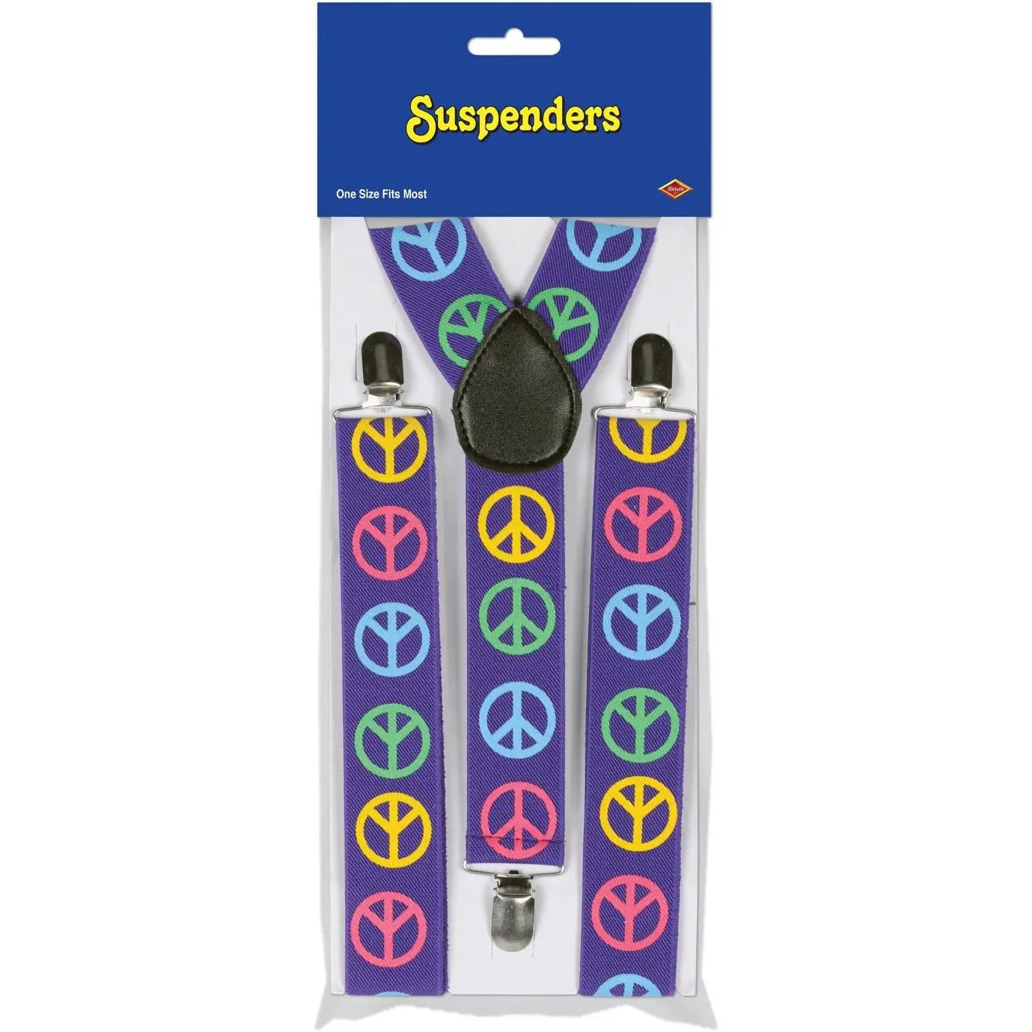 Unisex Retro Peace Design All Over Print Elastic Band Suspenders - Vibrant Purple with Multicolor Symbols, 1.5-in Metal-Accented Adjustable, Sturdy Metal Clips, Casual, Comfortable for 60s Themed Parties & Everyday Wear, Fits Most Adult Sizes