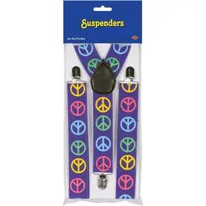 Suspenders ,These suspenders feature a vibrant purple background with repeating multicolor peace symbols in yellow, blue, pink, green, and orange. Perfect for adding a retro touch to any outfit.   Adjustable for Comfort