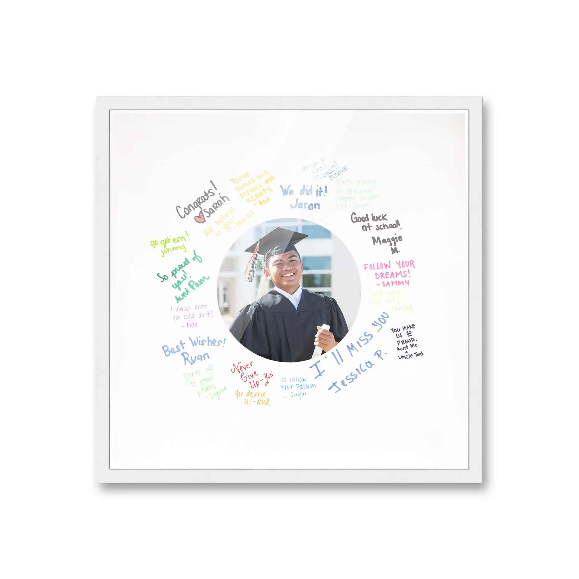 24x24 White Autograph & Signature Frame with White Circle Photo Mat for 8x8 Picture - Includes Pens, UV Acrylic, Foamboard