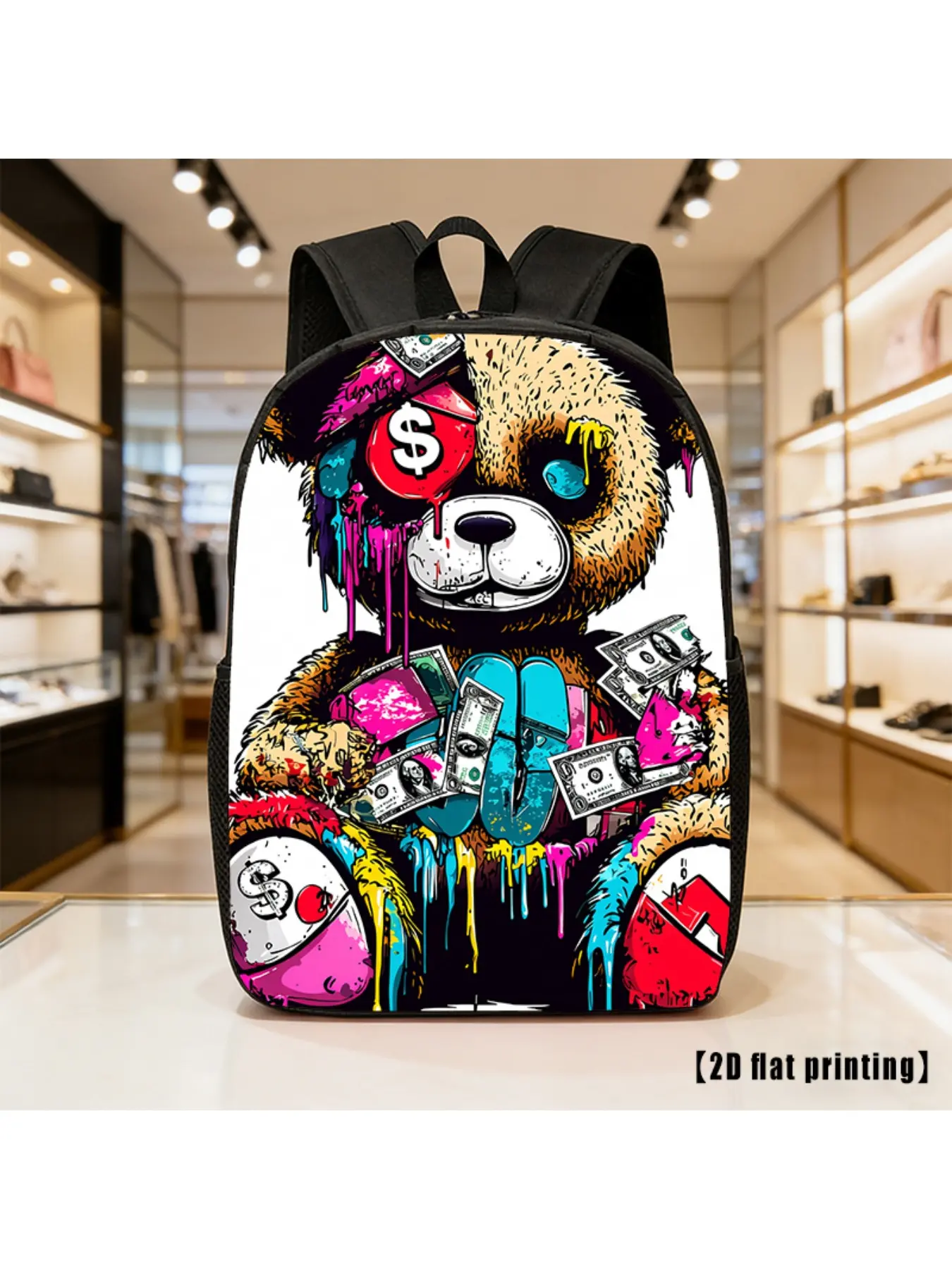 Bear Graffiti, Lightweight, Large-Capacity Unisex Casual Printed Backpack with Adjustable Shoulder Straps, Side Pockets, Suitable for Commuting, Lightweight casual daypack