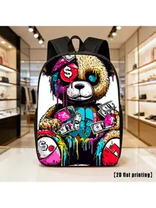 Bear Graffiti, Lightweight, Large-Capacity Unisex Backpack with Adjustable Shoulder Straps, Side Pockets, Suitable for Casual Wear, Commuting, And Multiple Uses. Ideal for Hiking, Mountaineering, And Adventure, As Well As a Laptop Bag