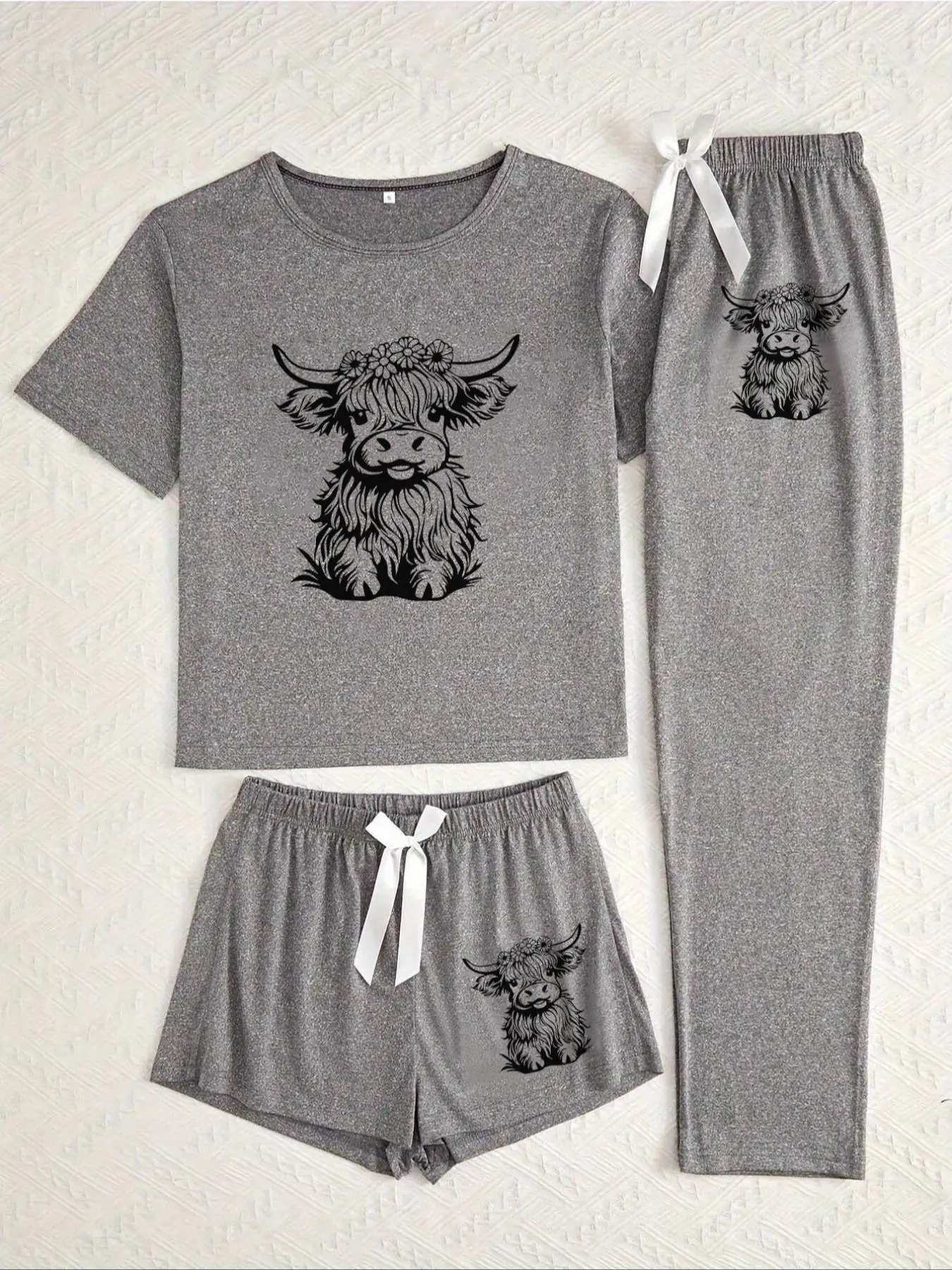 Women's Cow Print Tee & Short & Pants Pyjama Set, Casual Comfy Round Neck Short Sleeve T-shirt & Trousers Set, Ladies Sleepwear for All Seasons