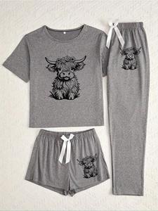women's cow print tee & short & pants pyjama set, casual comfy round neck short sleeve t-shirt & trousers set, ladies sleepwear for all seasons, womenswear