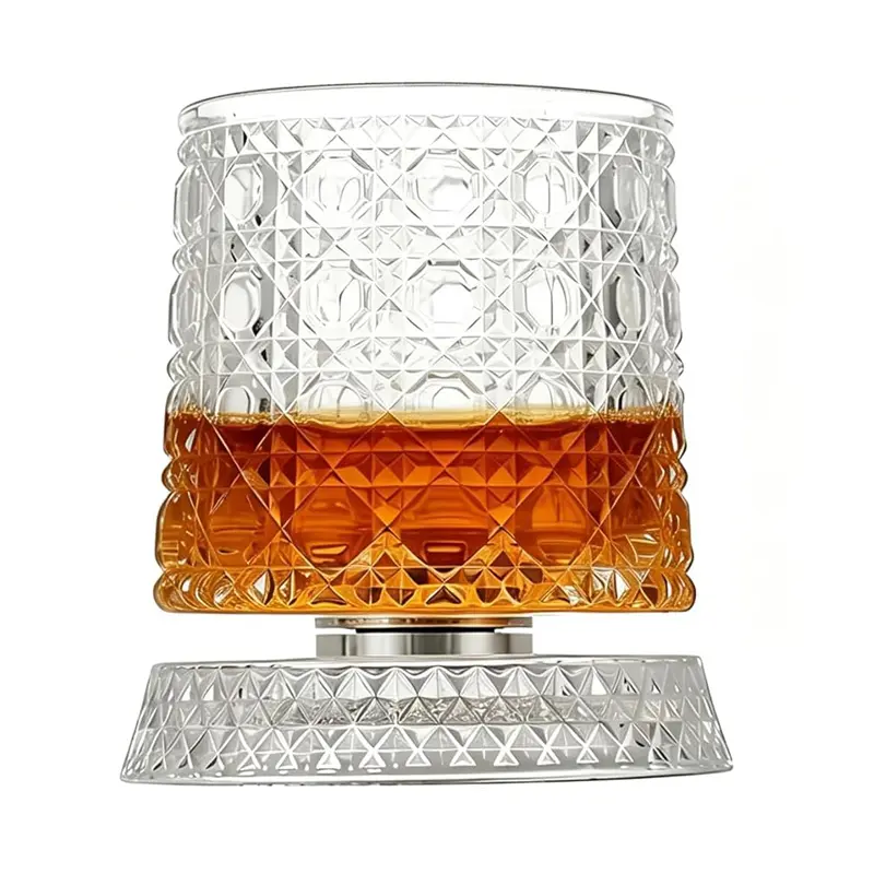 1/2PCS 360° Rotating Whiskey Glass, Crystal Spinning Whiskey Glass Cup, Lead-Free Premium Glassware for Bourbon Scotch Wine, Unique Bar Gift for Men, Birthday Christmas Holiday Gift