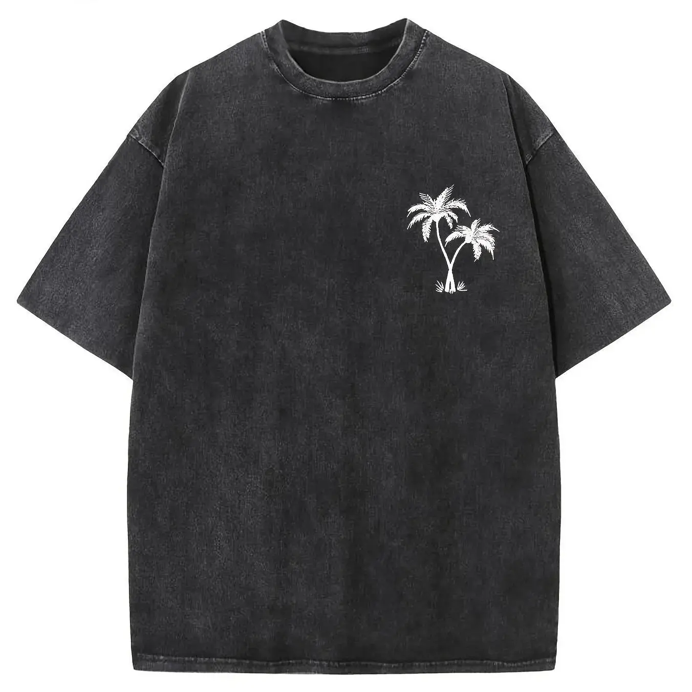 Men's Oversized T-Shirt, Washed 230gsm Heavyweight Cotton, Seamless Streetwear Top with Tropical Graphic, Drop-Shoulder Short-Sleeve Apparel, Shortsleeve, Fabric, Classic, Soft