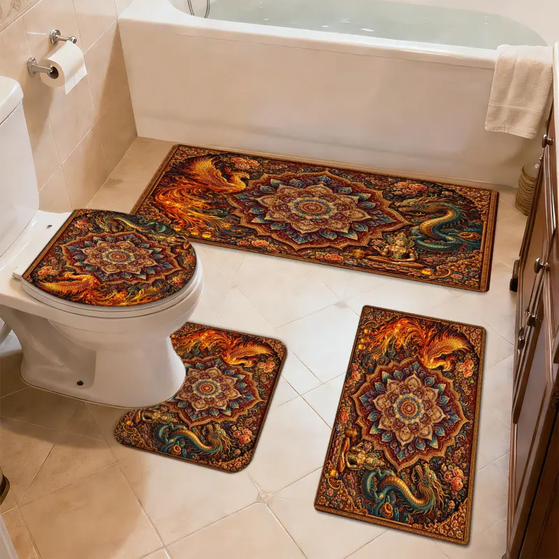 Joyfinity 3/4pcs Bathroom Anti-Slip Rug Set, Phoenix-Dragon & Lotus Pattern, Soft Thin Absorbent Quick-Dry Carpet, Home Decor Accessory for Bathroom Bathtub Shower Room Toilet, Bathroom Rug Set