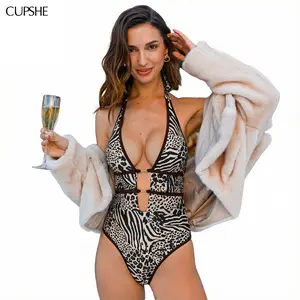 CUPSHE Spot Me Animal Print Plunging Neckline Mid Leg Cut Moderate Bum Coverage One-Piece Swimsuit Swimwear