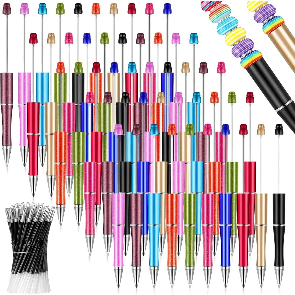 Beaded Pens Kit - 50 Random Color Note Taking Pens with 50 Replaceable Ink Refills, 0.5mm Black Ink Smooth Writing Ballpoint, Office Stationery Gift for Teachers, Festivals