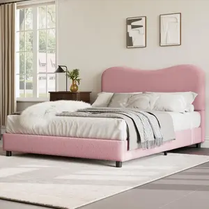 Pink Boucle Bed Frame with Upholstered Headboard, Soft Low Profile Sturdy Platform Bed with Rounded Corners Design,No Box Spring Needed,Queen Size