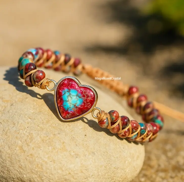 Women’s High-Quality Hand-Braided Bracelet, 2-4mm Natural Jasper Heart Charm, Adjustable Length Healing Costume Jewelry for Daily Wear