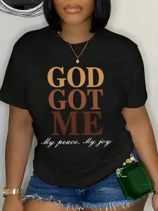Women's "GOD GOT ME" letter Print Round Neck Tee, Graphic Tees, Casual Short Sleeve Graphic T-shirt for Daily Wear, Ladies Clothes for All Seasons