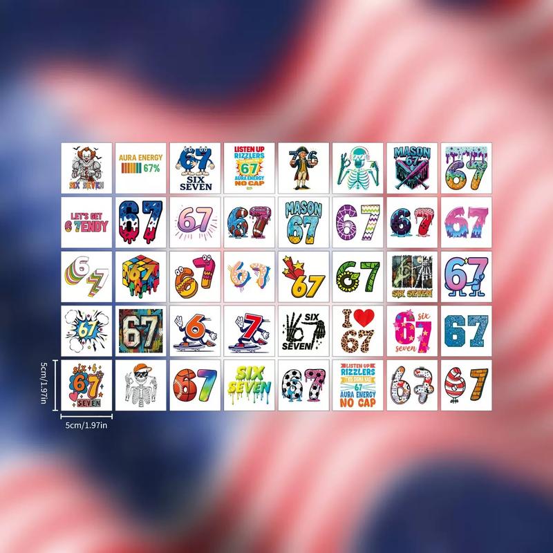 40PCS 67 Meme Temporary Tattoos Unique Designs for Kids Party Supplies Colorful 67 Stickers Back To School Gift Waterproof Non Toxic Safe Materials Easy Application
