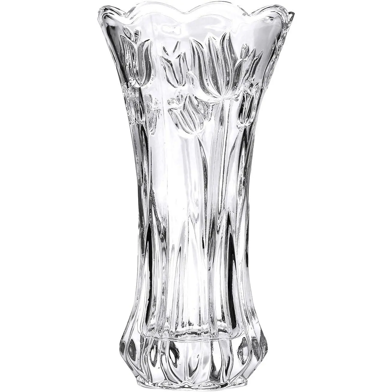 Flower Vase Tulips Pattern Large Size Glass Thickening Design Home Decor Wedding vase or Gift - 9.4" High x4.9 Wide Clear with Color Box