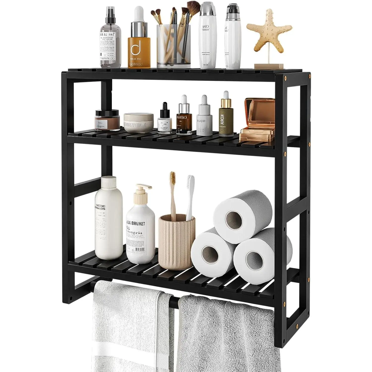 Black Wall-Mount Bamboo Bathroom Floating Shelves - Over-The-Toilet Storage Cabinet with 3 Adjustable Tiers, Towel Bar, Hanging Rod, 16.6 in Width, 5.9 in Depth, 16.6x16.8", Easy Assembly, Stable, Flexible Storage, Reliable Quality