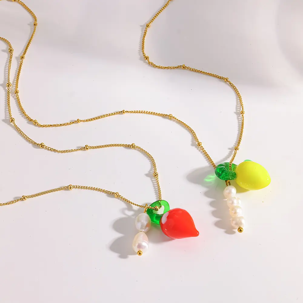 18K Gold Plated Bead Chain Fruit Pendant Necklace, Handmade Glass Lemon Chili Charm with Freshwater Pearl, Waterproof Stainless Steel Dainty Summer Cute Jewelry for Women Daily Vacation Outfit