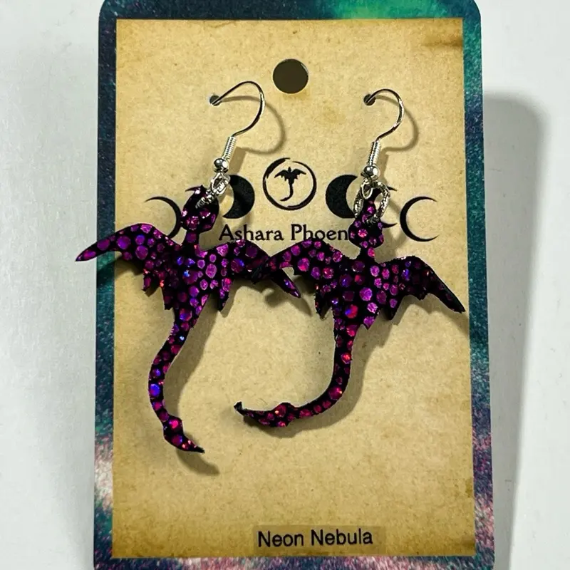 Neon Nebula Cosmic Dragon Earrings Mini single Soul Awakening Energetic Balance Divine Truth Handcrafted Sacred Intention Light Shadow Aura Harmony Spiritual Alignment Nickel Free Comfortable Unique Design