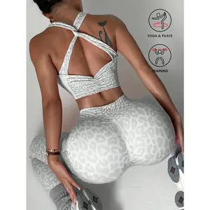 Womens Leopard Print Workout Set| Cross Back Supportive Sports Bra + High Waisted Butt Lifting Leggings| Quick Dry, Breathable, Stretchy Fabric| Suitable For Yoga, Pilates, Gym Training| And Stylish