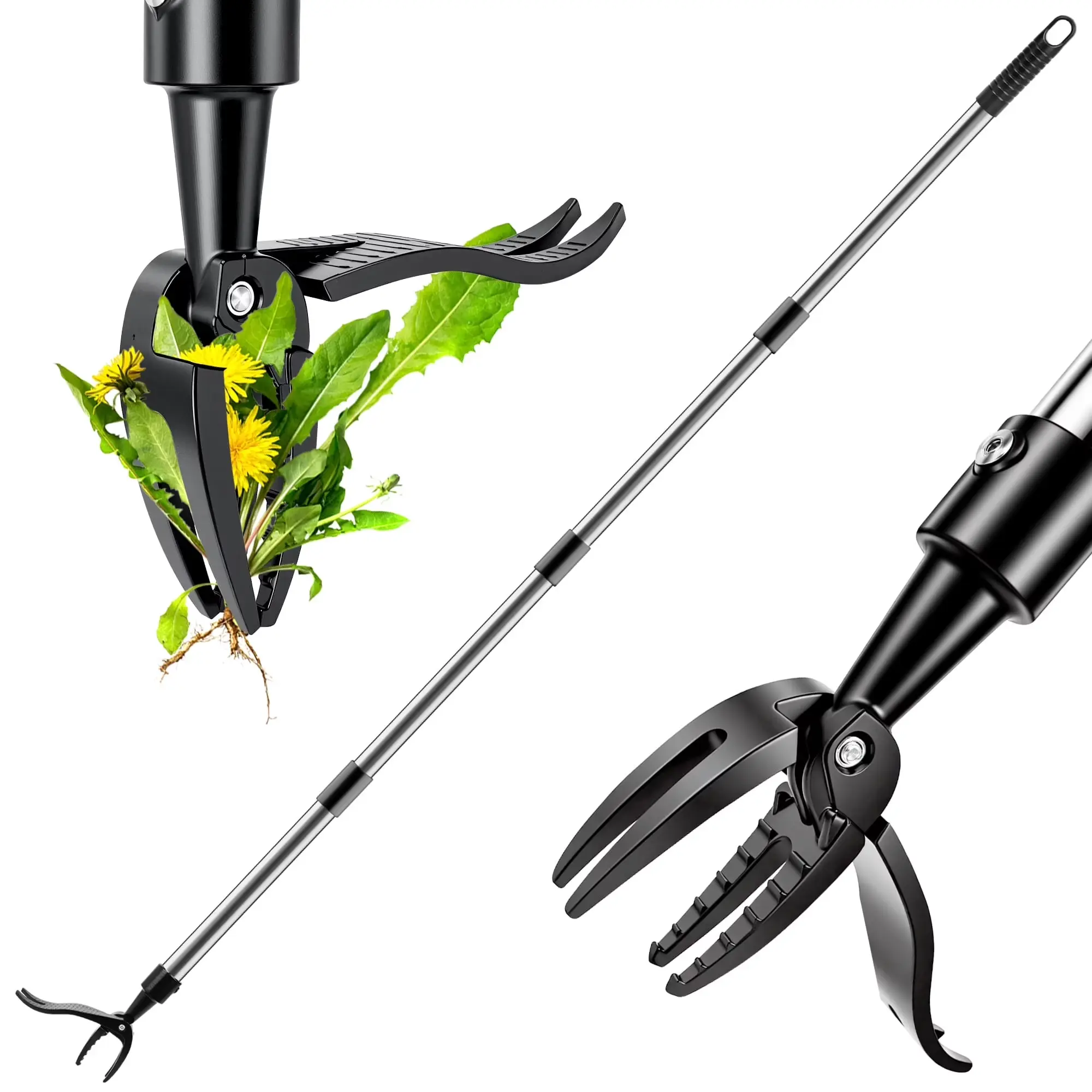 Stand Up Weed Puller Tool with 4 Steel Claws, 4 Section Adjustable Long Handle Manual Root Remover, Detachable Portable Ergonomic Weeding Tool for Lawn Yard Garden