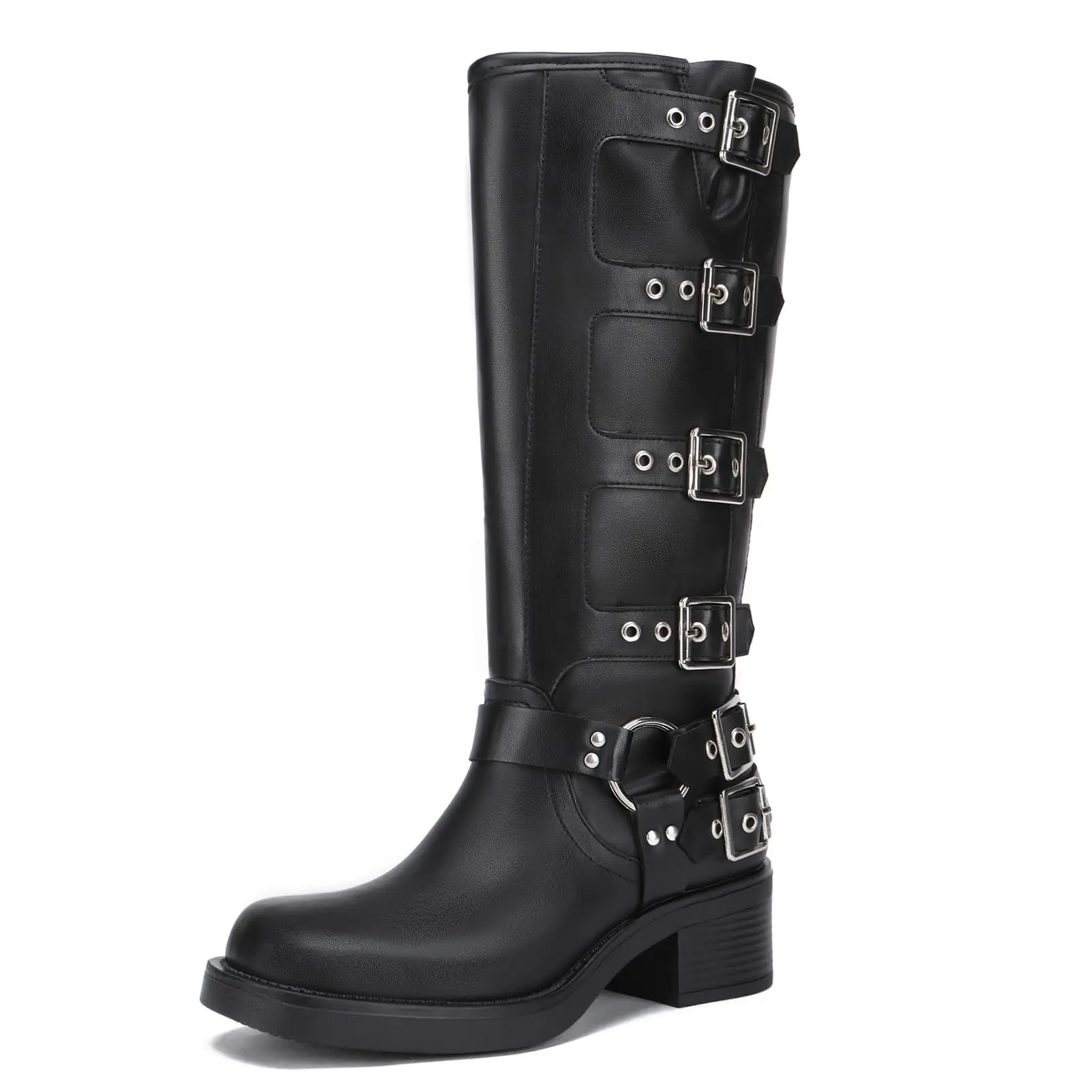 Women's Knee High Riding Boots PU Leather TPR Soles Adjustable Buckle Square Toe Chunky Heel Wide Calf Biker Style Comfortable Walking Shoes,summerwins,summeroutfits,vacationoutfits,beachoutfits