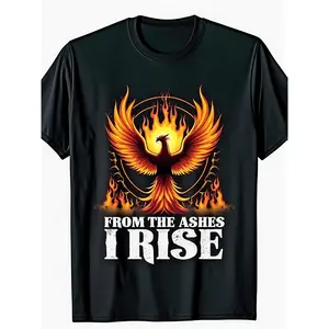 1pc of Men'S Phoenix Rising T-Shirt - Made from 100% with a Heavyweight of 180Gsm, Featuring a Black Color with a Golden And Orange Graphic of a Phoenix Rising from Ashes. Suitable for Both Casual And Formal Occasions, This Round Neck, Plus Size