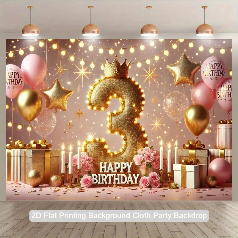 1PC 1pc 2D Flat  Birthday Party Backdrop - Glittering Number 3, Pink & Golden Balloons, "Happy Birthday" Banner & Confetti, Self-Adhesive Polyester, No Electricity Needed for Girls' Indoor/Outdoor Birthday Decor