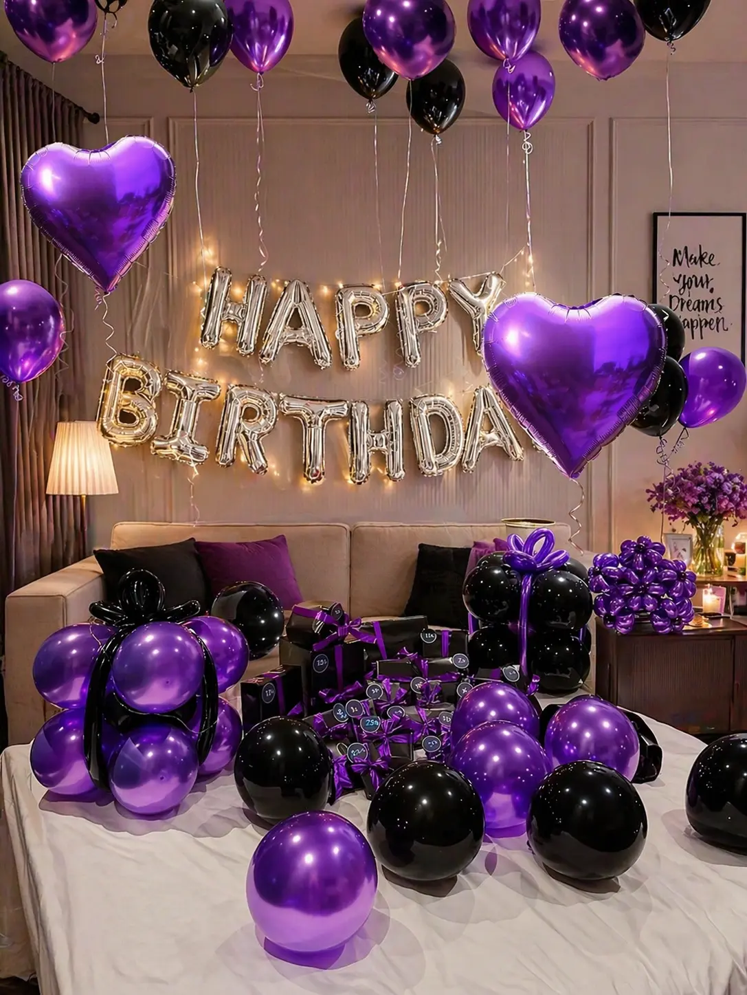 Birthday Decoration Balloon Kit 61PCS, Silver Letter Banner with Black Purple Balloons, Heart Foil Balloons, Party Backdrop Setup for Home Celebration & Photo Props