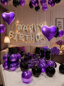 Birthday Decoration Balloon Kit 61PCS, Silver Letter Banner with Black Purple Balloons, Heart Foil Balloons, Party Backdrop Setup for Home Celebration & Photo Props