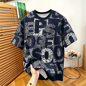 Trending Gen Z Viral Navy All Over Geometric Abstract Letter Decor Print Tee | Soft Smooth Fabric Baggy Oversized Crew Neck Graphic Top, Men Minimal City Boy Everyday Aesthetic Summer Haul Fit
