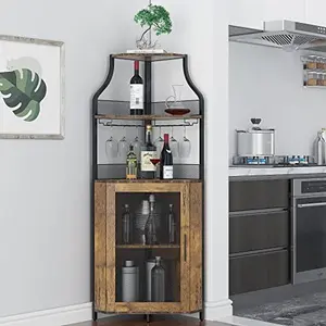 【GARVEE】Industrial Corner Wine Cabinet, Removable Rack & Glass Holder - Rustic Brown