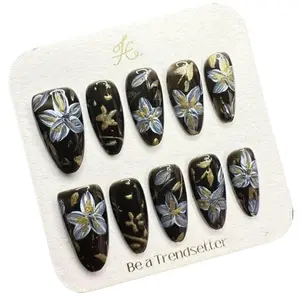 E39 Original hand-made hand-drawn black gold flower press-on nails Handmade Holiday Nail Art for Everyday Wear or Gift