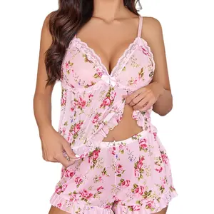 Avidlove Sheer Pajamas for Women Set Lingerie Ruffled Mesh Cami Shorts 2 Pcs Floral Pj Sets Lounge Sleepwear